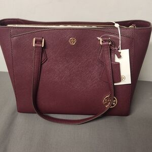 Tory Burch Burgundy Tote with Gold Accents